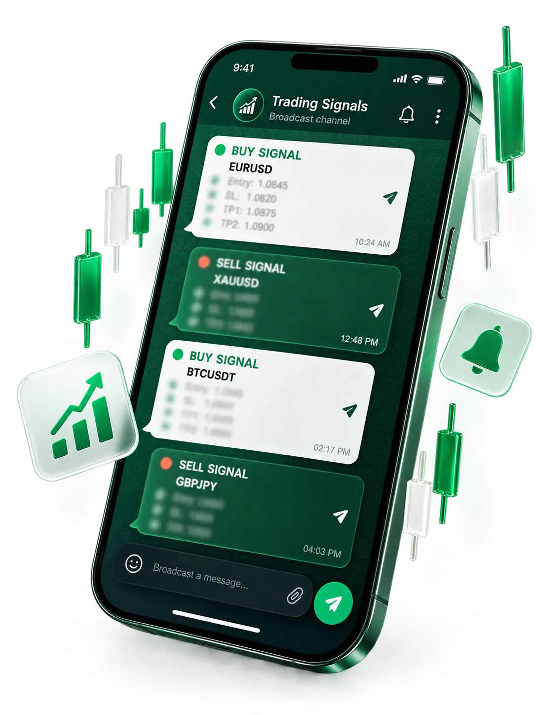 Trading signals broadcast channel on a phone